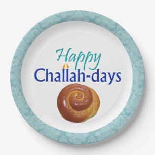 Happy Challah-Days Aqua Brocade Paper Plate
