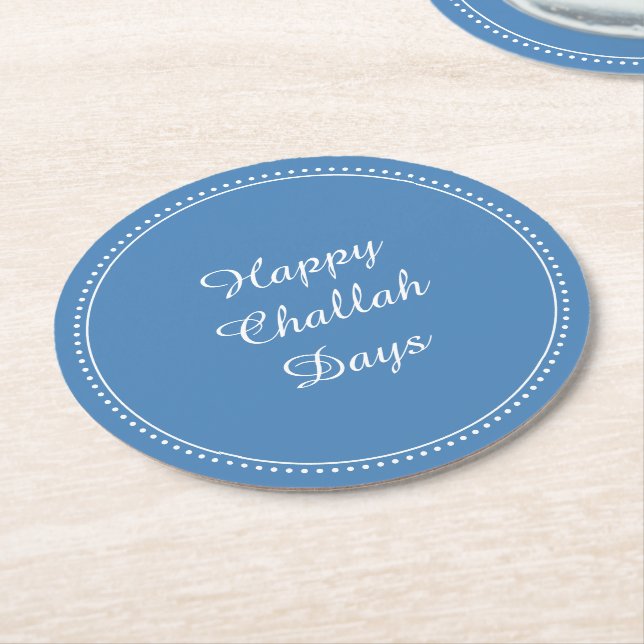 Happy Challah Days Elegant Blue White Dotted Borde Round Paper Coaster (Angled)