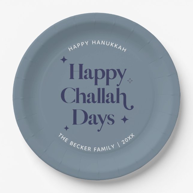  Happy Challah Days Hanukkah Blue Minimalist Paper Plate (Front)