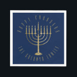 Happy Chanukah Blue Gold Menorah Holiday Napkin<br><div class="desc">These festive paper napkins are perfect for your holiday party. They feature a gold coloured menorah on a navy blue background. The message above it reads "Happy Chanukah". Below the menorah is a place for your family name which you may personalise or remove if you'd like. Designed by artist ©...</div>