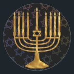 Happy chanukah classic round sticker<br><div class="desc">Illustration of a menorah with Happy Chanukah text</div>