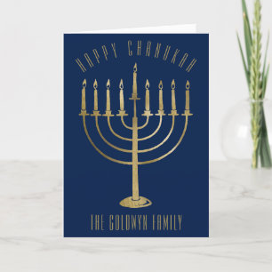 Happy Chanukah Gold Menorah Blue Holiday Card