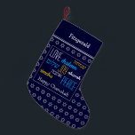 HAPPY CHANUKAH Hebrew Love Joy Peace DARK BLUE Small Christmas Stocking<br><div class="desc">Dark blue HAPPY CHANUKAH stocking with silver coloured Star of David pattern and LOVE JOY PEACE written in English and Hebrew. The placeholder greeting and name are customisable so you can add your name or change the greeting. Same design on the reverse. Ideal way to present your small Hanukkah gifts....</div>