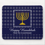 HAPPY CHANUKAH Love Joy Peace BLUE Hebrew Mouse Mat<br><div class="desc">Colourful festive MOUSEPAD with faux silver Star of David in subtle background pattern. A gold coloured menorah is inside a square box in the middle. There is customisable placeholder text which says HAPPY HANUKKAH in white typography. This text can be personalised so you can change the greeting (eg. Happy Chanukah)...</div>