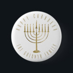 Happy Chanukah Menorah Holiday 6 Cm Round Badge<br><div class="desc">This button features a gold coloured menorah and the message above reads "Happy Chanukah". Below the menorah is a place for your family name which you may personalise or remove if you'd like.</div>