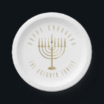 Happy Chanukah Menorah Holiday Paper Plate<br><div class="desc">These festive paper plates are perfect for your holiday party. They feature a gold coloured menorah. The message above it reads "Happy Hanukkah". Below the menorah is a place for your family name which you may personalise or remove if you'd like.</div>