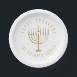 Happy Chanukah Menorah Holiday Paper Plate<br><div class="desc">These festive paper plates are perfect for your holiday party. They feature a gold coloured menorah. The message above it reads "Happy Hanukkah". Below the menorah is a place for your family name which you may personalise or remove if you'd like.</div>