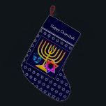 HAPPY CHANUKAH | Menorah Star of David Dreidel Small Christmas Stocking<br><div class="desc">Dark blue HAPPY CHANUKAH stocking with colourful Star of David, Dreidel and faux gold Menorah at the centre. The placeholder greeting is CUSTOMIZABLE, so you can PERSONALIZE with your name, or add an alternative greeting. Same design on the reverse. Ideal way to present your small Hanukkah gifts. Also ideal for...</div>