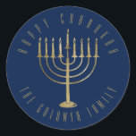Happy Chanukah Navy Gold Menorah Holiday Classic Round Sticker<br><div class="desc">This sticker features a gold coloured menorah on a navy blue background. The message above it reads "Happy Chanukah". Below the menorah is a place for your family name which you may personalise or remove if you'd like.</div>