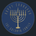Happy Chanukah Navy Gold Menorah Holiday Classic Round Sticker<br><div class="desc">This sticker features a gold coloured menorah on a navy blue background. The message above it reads "Happy Chanukah". Below the menorah is a place for your family name which you may personalise or remove if you'd like.</div>