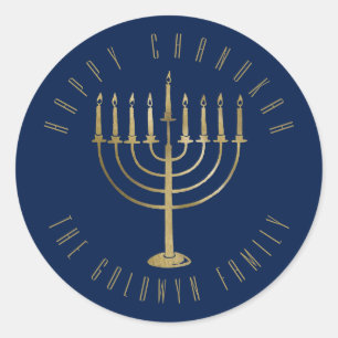 Happy Chanukah Navy Gold Menorah Holiday Classic Round Sticker