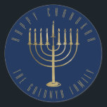 Happy Chanukah Navy Gold Menorah Holiday Classic Round Sticker<br><div class="desc">This sticker features a gold coloured menorah on a navy blue background. The message above it reads "Happy Chanukah". Below the menorah is a place for your family name which you may personalise or remove if you'd like.</div>