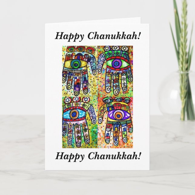 Happy Chanukkah - Batik Judaica Hamsas Card (Front)