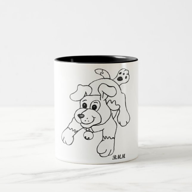 Happy Charcoal Pencil Dog Lineart Drawing Two-Tone Coffee Mug (Center)