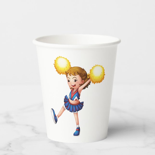Happy Cheerleader Girl Gold Pom Poms Paper Cups (Front)