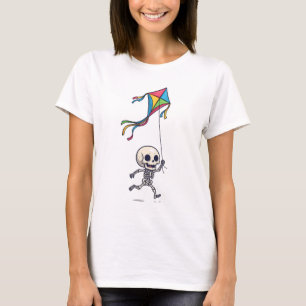 Happy Chibi Skeleton Running with Colourful Kite T-Shirt