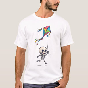 Happy Chibi Skeleton Running with Colourful Kite T-Shirt
