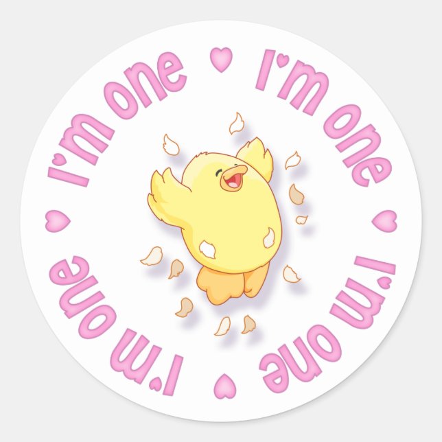 Happy Chick 1st Birthday Pink Classic Round Sticker (Front)
