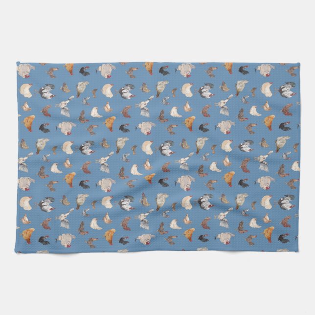 Happy Chicken Print on Denim Blue Tea Towel (Horizontal)
