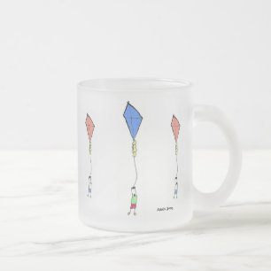 Happy Child Flying a Blue Kite Frosted Glass Coffee Mug