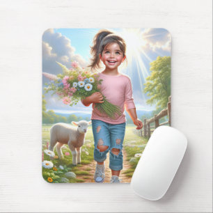 Happy Child With Lamb Mouse Mat