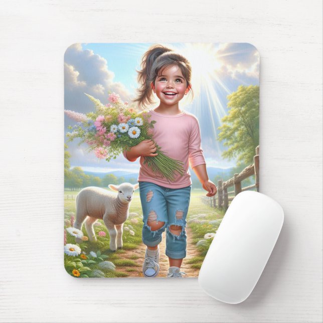 Happy Child With Lamb Mouse Mat (With Mouse)
