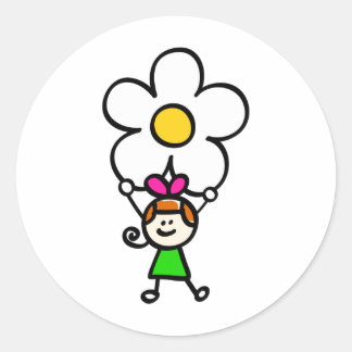 happy children holding flower cartoon illustration classic round sticker