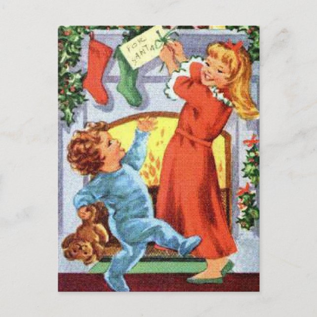 Happy Children in Pyjamas at Christmas Stockings Holiday Postcard (Front)