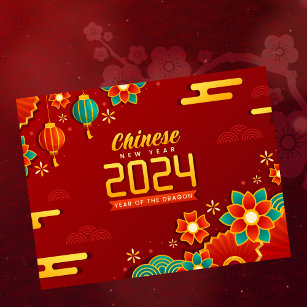 Happy Chinese New Year 2024 Floral Blue Gold Red  Holiday Postcard