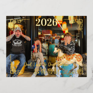 Happy Chinese New Year   Family Photo  Foil Holiday Postcard