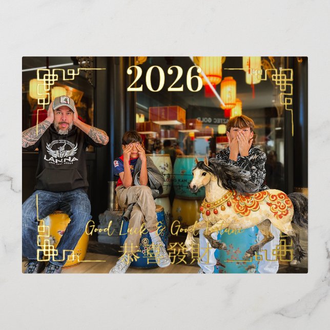 Happy Chinese New Year | Family Photo  Foil Holiday Postcard (Front)