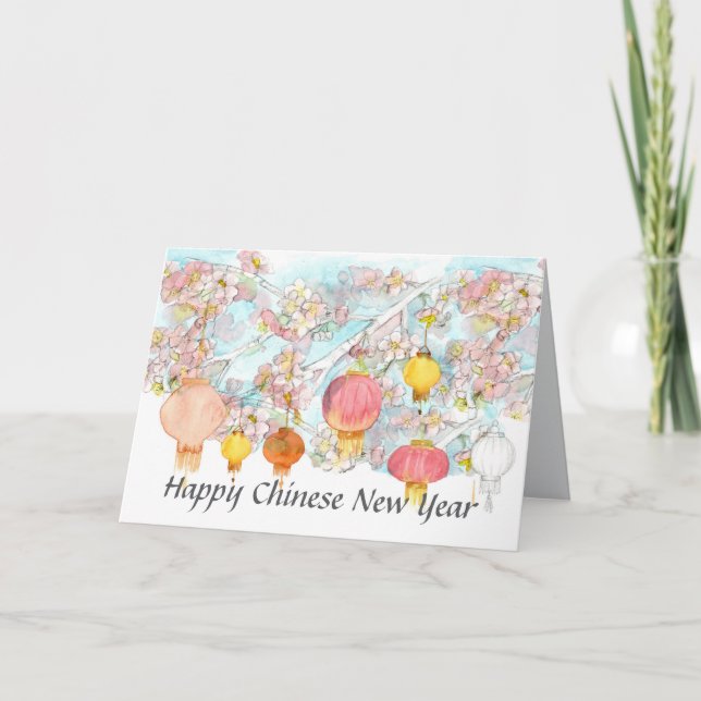 Happy Chinese New Year Lanterns Sakura Tree Card (Front)