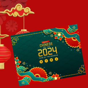 Happy Chinese New Year of Dragon 2024 Red Blue Holiday Postcard