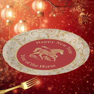 Happy Chinese New Year of Horse Elegant Gold Red  Paper Plate