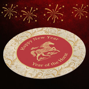 Happy Chinese New Year of Horse Elegant Gold Red  Round Paper Coaster