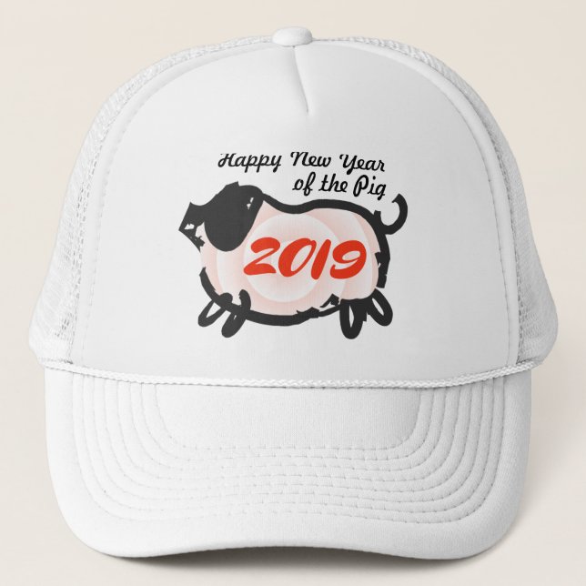 Happy Chinese New Year of The Pig White Trucker H Trucker Hat (Front)