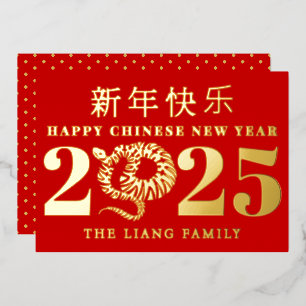 Happy Chinese New Year of the snake red gold Foil Holiday Card