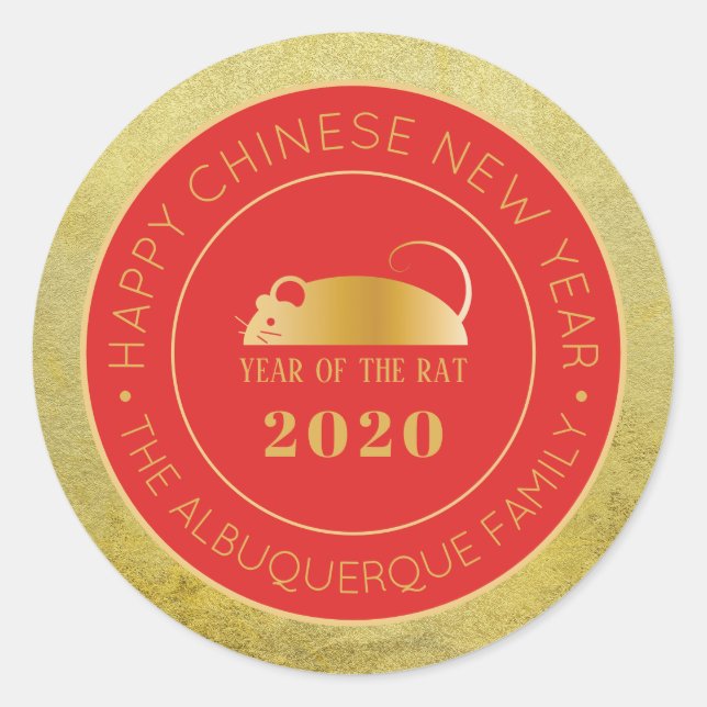 Happy Chinese New Year Rat 2020 Family Name Gold Classic Round Sticker (Front)