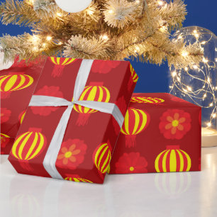 Happy Chinese New Year Yellow Lantern floral Red Wrapping Paper