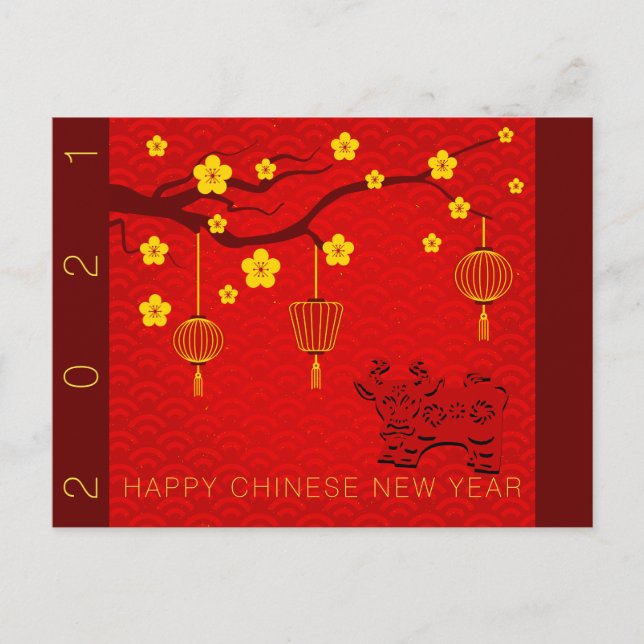 Happy Chinese Ox New Year 2021 Blossoms HPostC Announcement Postcard (Front)