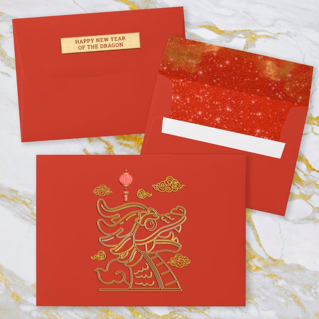 Happy Chinese Red Gold New Year of the Dragon 2024 Envelope (Front, Back (Bottom), Back (Top Flap))