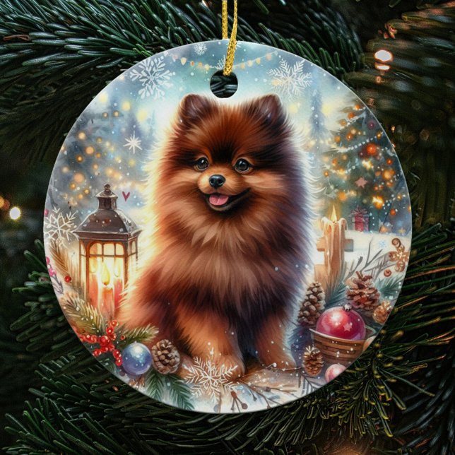 Happy Chocolate Brown Pomeranian Christmas Ceramic Tree Decoration (Creator Uploaded)