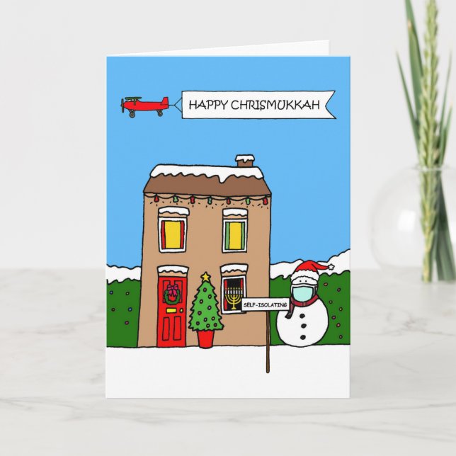 Happy Chrismukkah Cartoon Self-isolation House Card (Front)