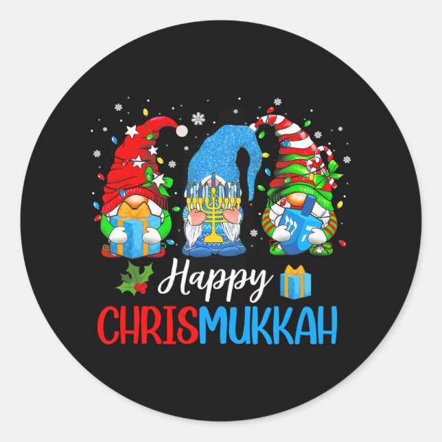 Happy Chrismukkah Gnomes Merry Christmas and Classic Round Sticker (Front)
