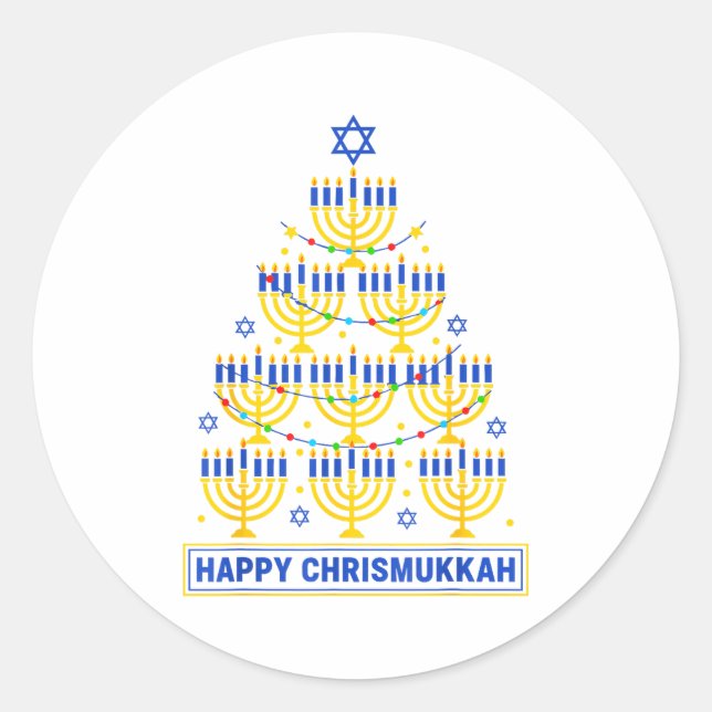 Happy Chrismukkah Hanukkah Light Tree Jewish Holid Classic Round Sticker (Front)