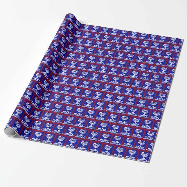 Happy Chrismukkah Holiday Menorah Santa Hat Gift Wrapping Paper (Unrolled)