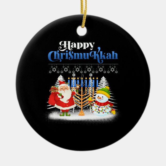 Happy Chrismukkah Jewish Christmas Hanukkah Ceramic Tree Decoration (Front)