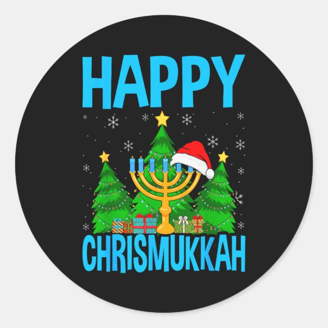 Happy Chrismukkah Santa Hat Christmas Hanukkah Sle Classic Round Sticker (Front)