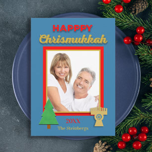 Happy Chrismukkah Tree and Menorah Photo Flat Card