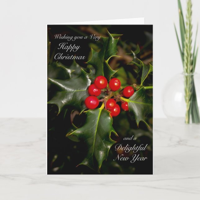 Happy Christmas and Delightful New Year Holly Card (Front)